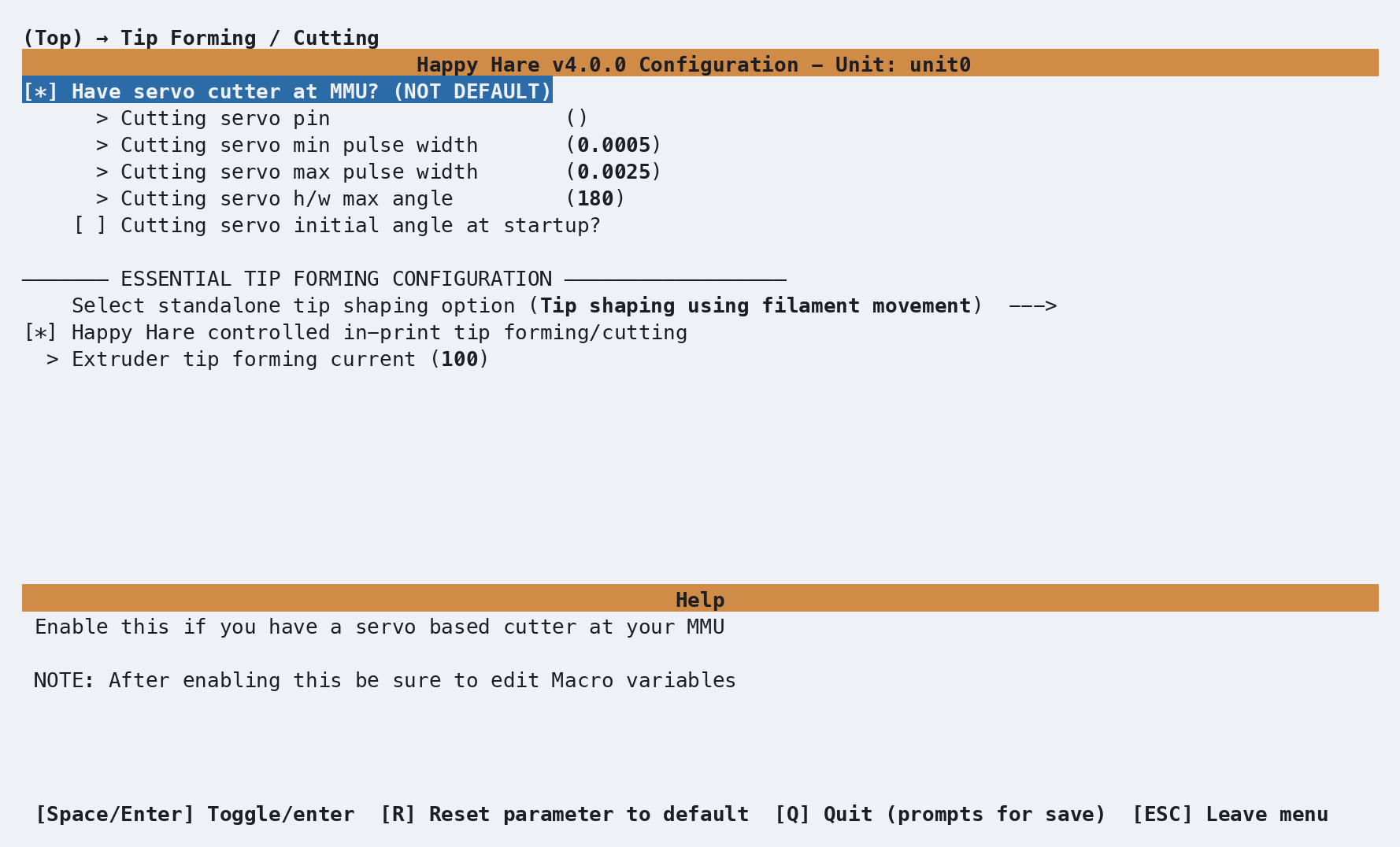menuconfig Tip Forming and Cutting screen with the MMU-mounted servo cutter enabled