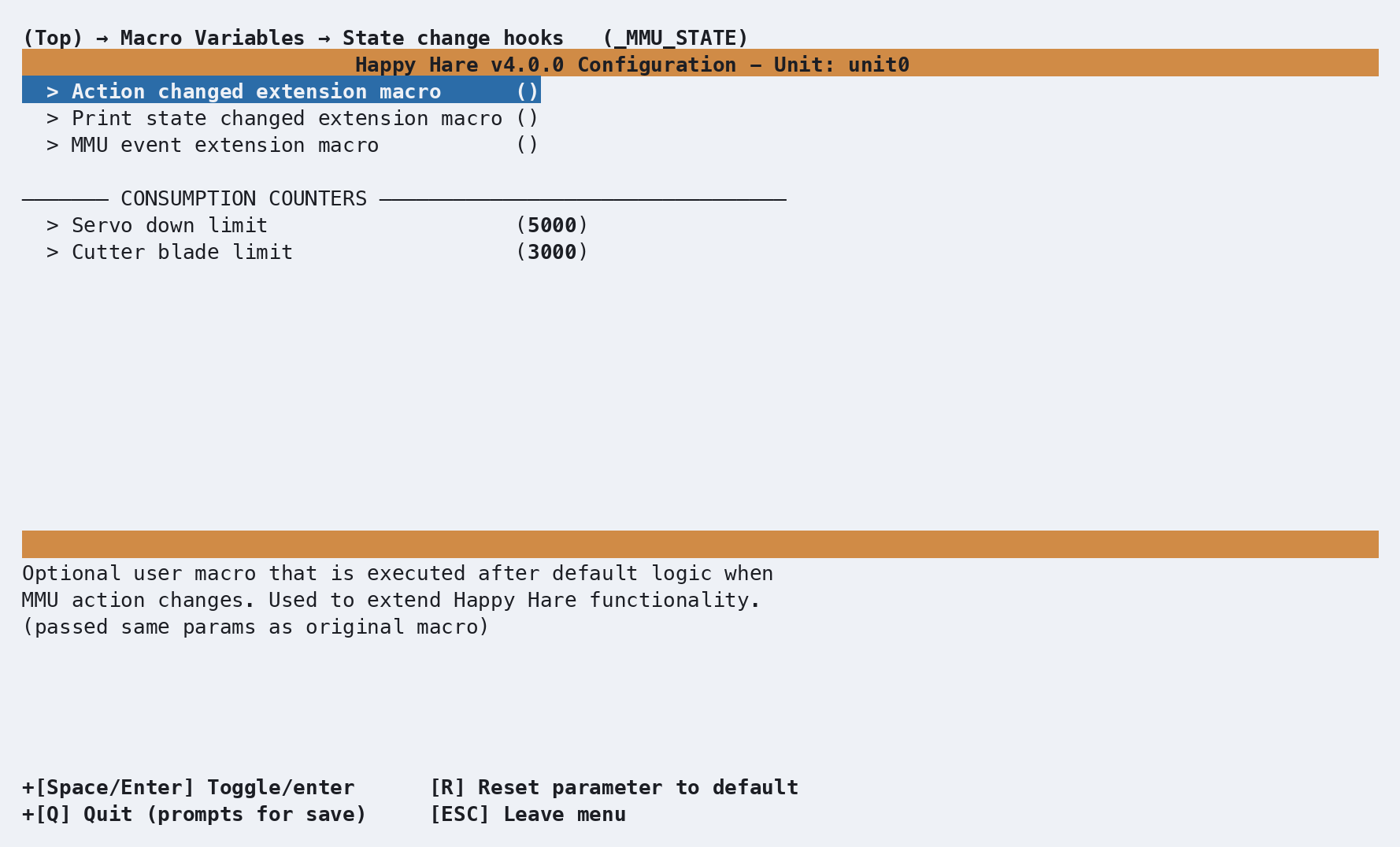 menuconfig: State change hooks (_MMU_STATE) screen, showing the three extension-macro hooks and the servo/cutter consumption-warning limits