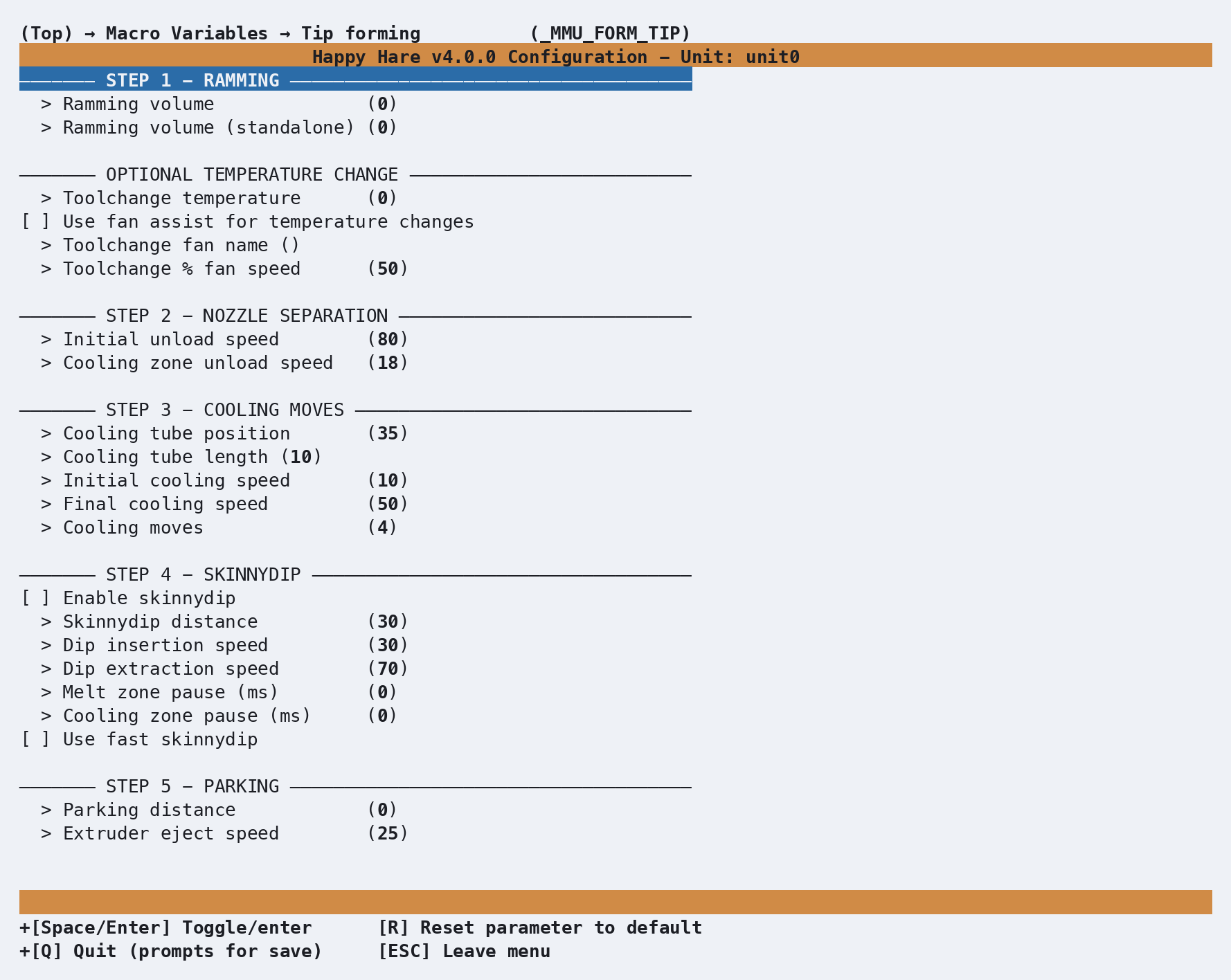 menuconfig: Tip forming (_MMU_FORM_TIP) screen, showing the ramming, nozzle separation, cooling, skinnydip, and parking steps