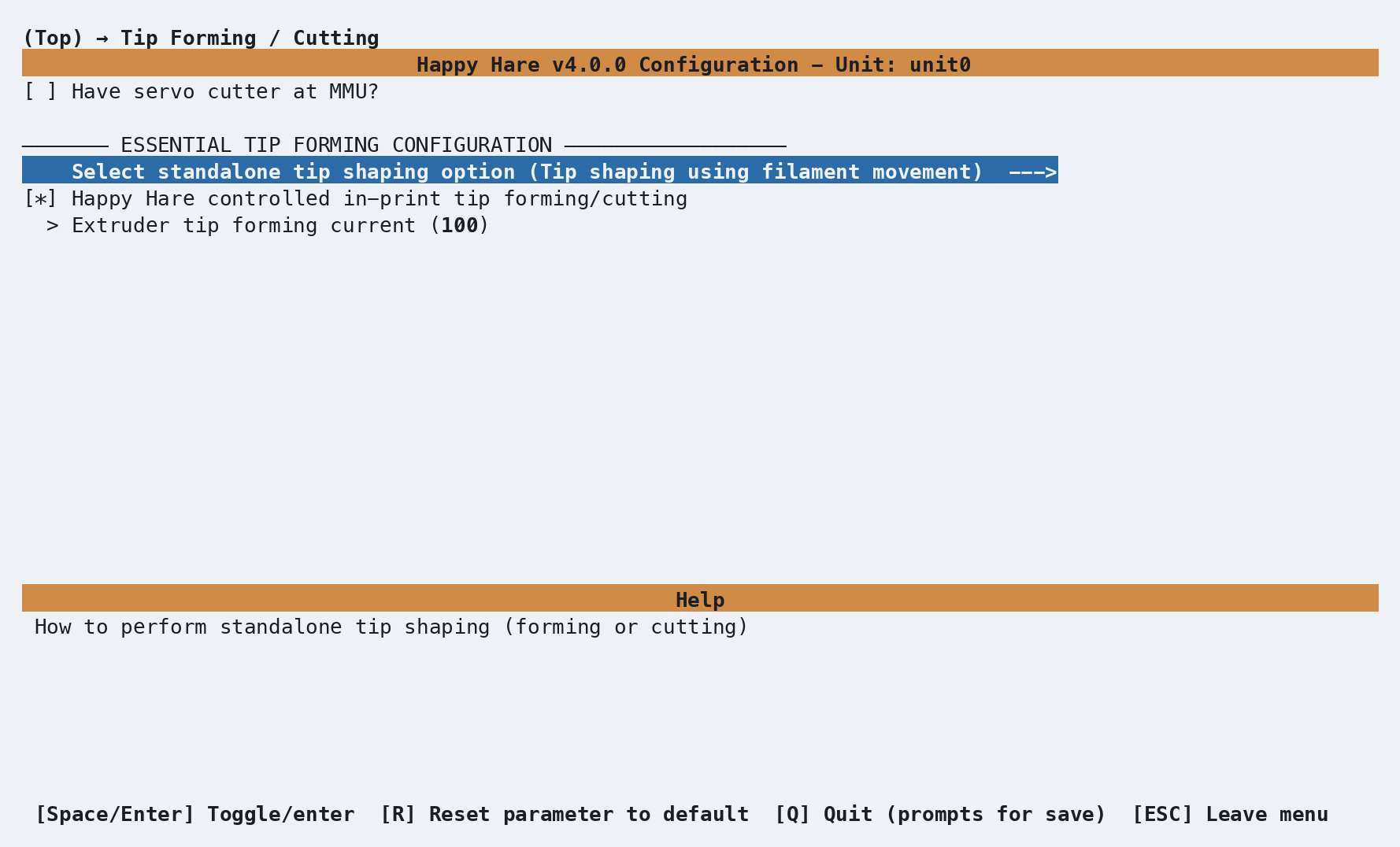 menuconfig Tip Forming and Cutting screen with filament-movement tip shaping selected