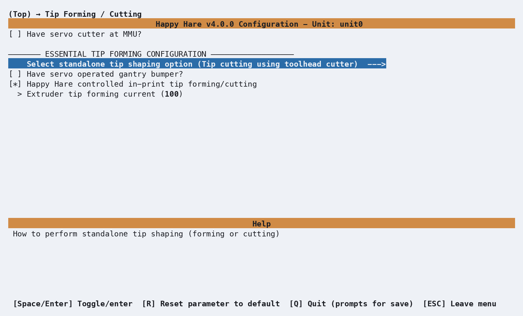 menuconfig Tip Forming and Cutting screen with toolhead cutting selected