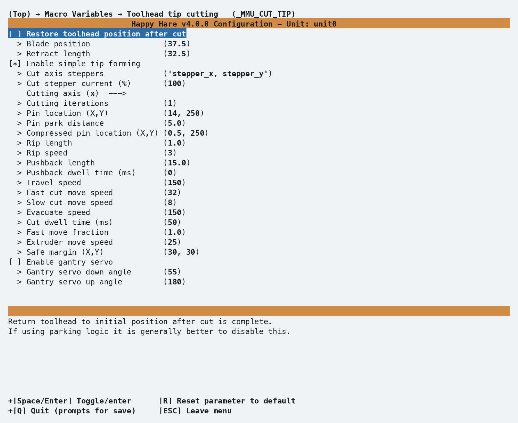menuconfig: Toolhead tip cutting (_MMU_CUT_TIP) screen, showing blade/pin geometry, cut speeds, and gantry servo settings