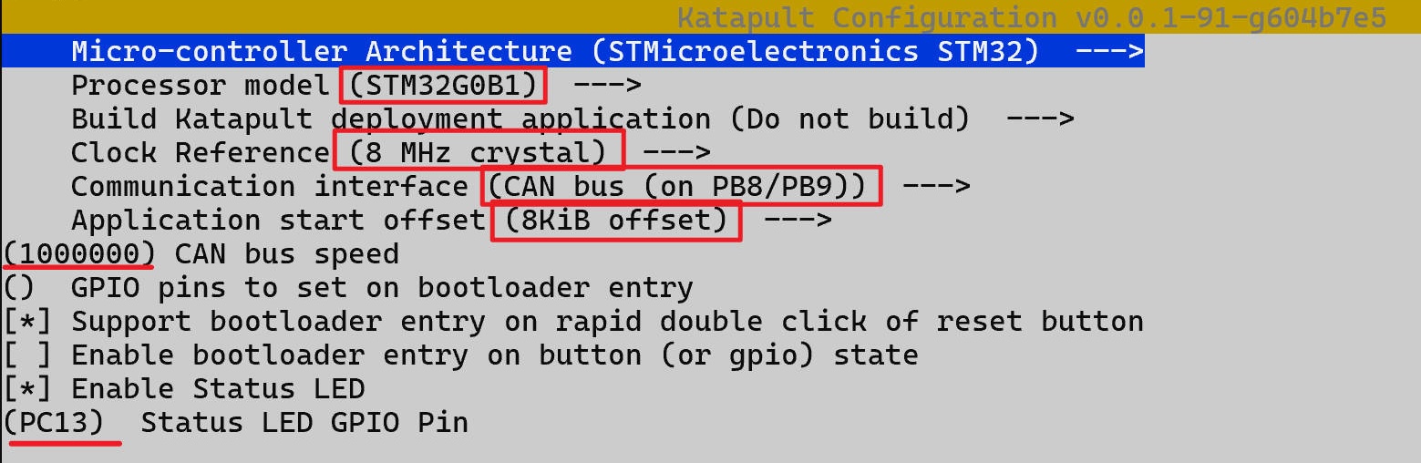 Katapult make menuconfig settings for SLB v1.0