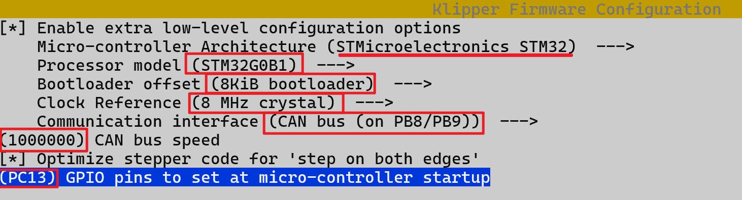 Klipper make menuconfig settings for SLB v1.0