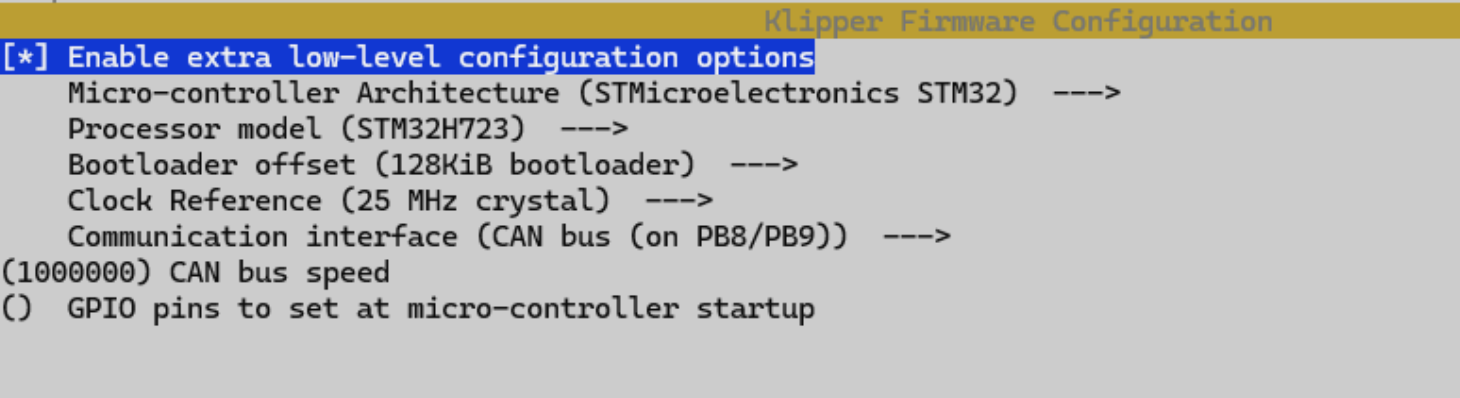 Klipper make menuconfig settings for AFC Lite v1.0