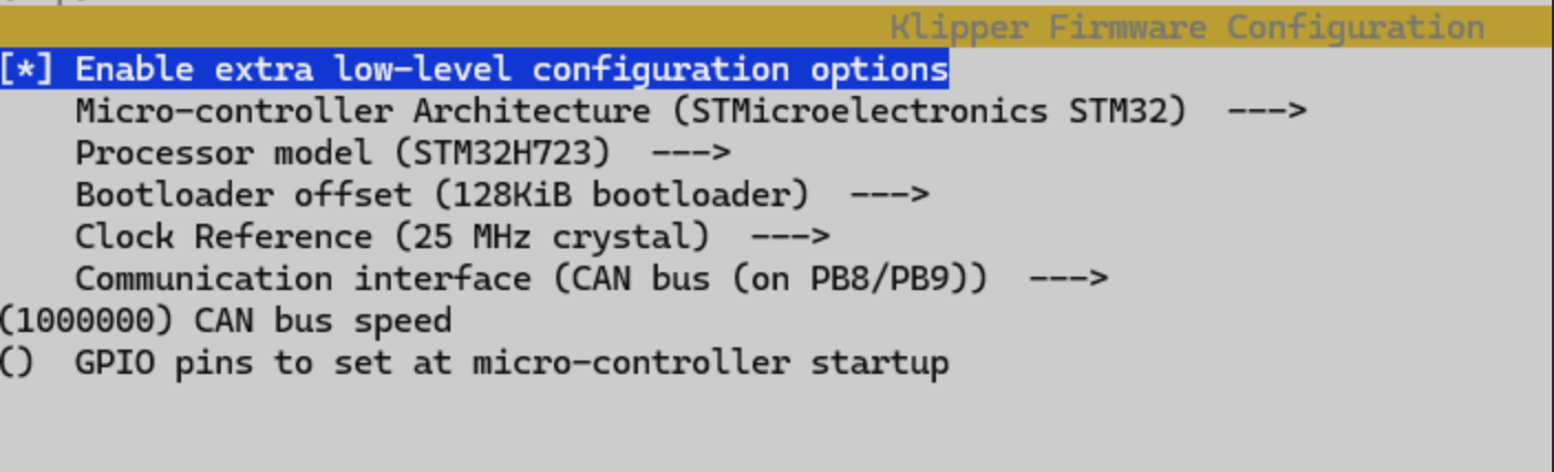 Klipper make menuconfig settings for AFC Pro v1.0