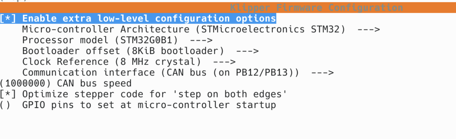 Klipper make menuconfig settings for BTT EBB CAN Gen2
