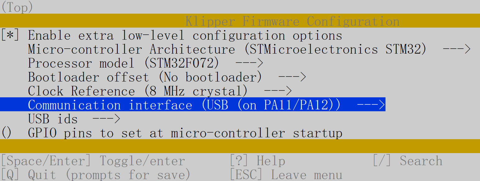 Klipper make menuconfig settings for BTT EBB CAN v1.0