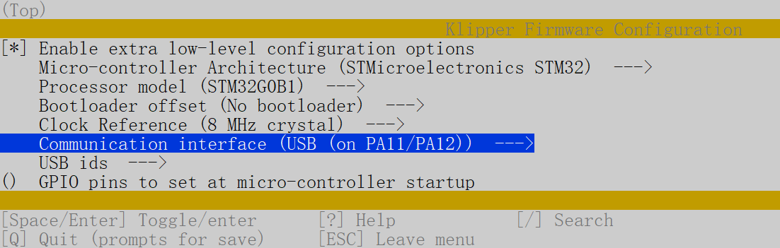 Klipper make menuconfig settings for BTT EBB CAN v1.1/v1.2