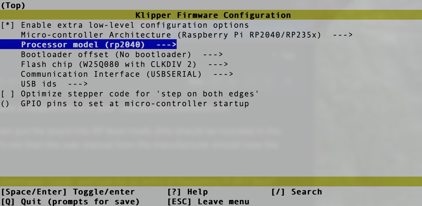 Klipper make menuconfig settings for Fysetc Burrows ERB v2
