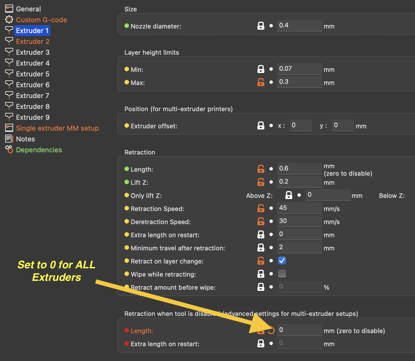 Slicer per-extruder printer settings